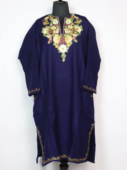 Dark Blue Cashmilon Wool Pheran with Aari Embroidery Ferozah