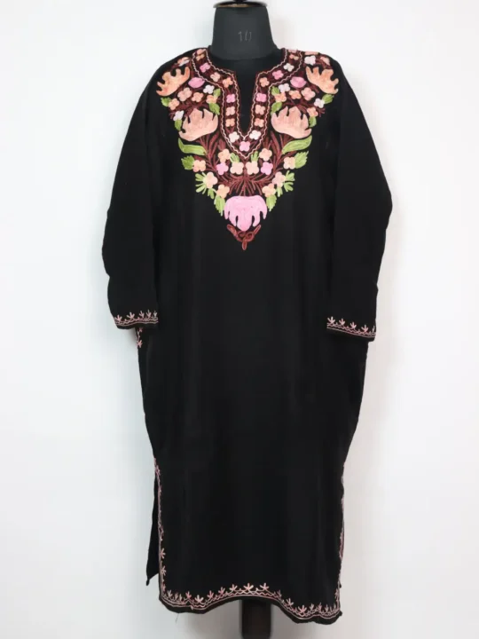 Cashmilon Jannat Black Woolen Pheran with Aari Embroidery