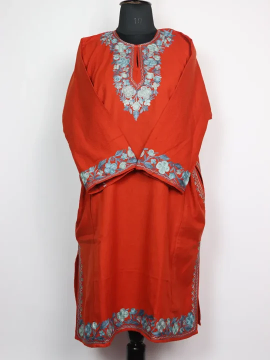 Farhanain Cashmilon Wool Rust Pheran with Aari Embroidery