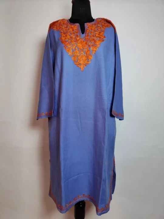 Front Back Aari Embroidered Hadiyah Dark Grey Pheran in Cashmilon Wool