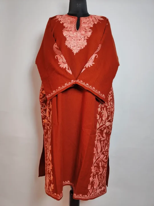 Brown Aari Work Front Back Panels Pheran in Cashmilon Wool Hayat