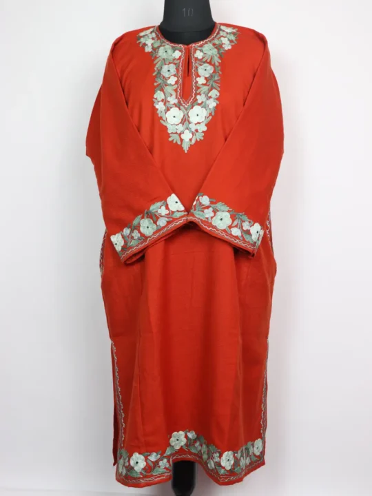 Kashmiri Farhanain Cashmilon Wool Rust Pheran with Aari Embroidery