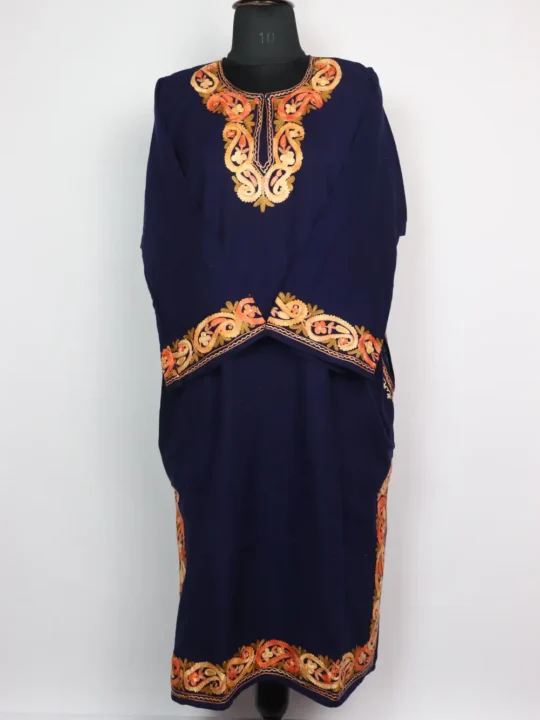 Farhanain Dark Blue Cashmilon Wool Pheran with Aari Embroidery