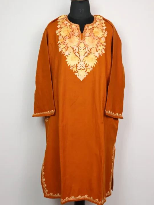 Mustard Cashmilon Wool Pheran with Gulshan Aari Embroidery