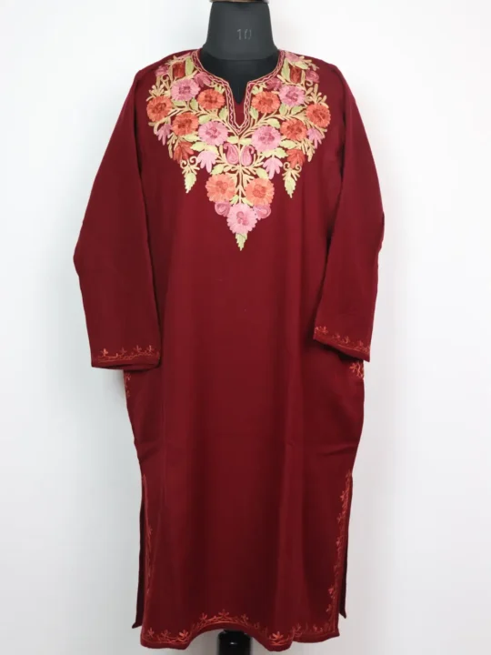 Maroon Cashmilon Wool Humaira Pheran with Aari Embroidery