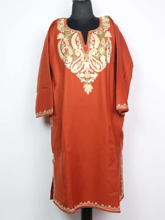 Cashmilon Wool Iqrar Rust Pheran with Aari Embroidery