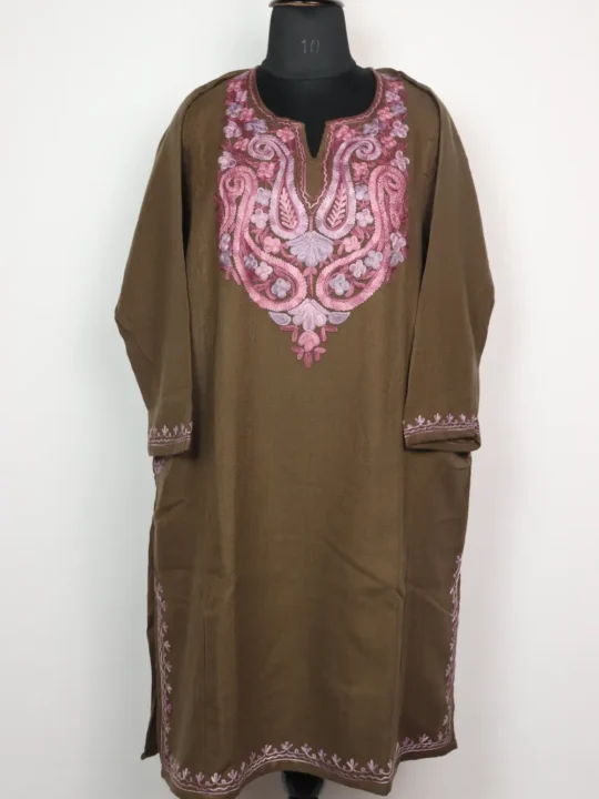Cashmilon Beige Woolen Pheran with Aari Embroidery Kausar