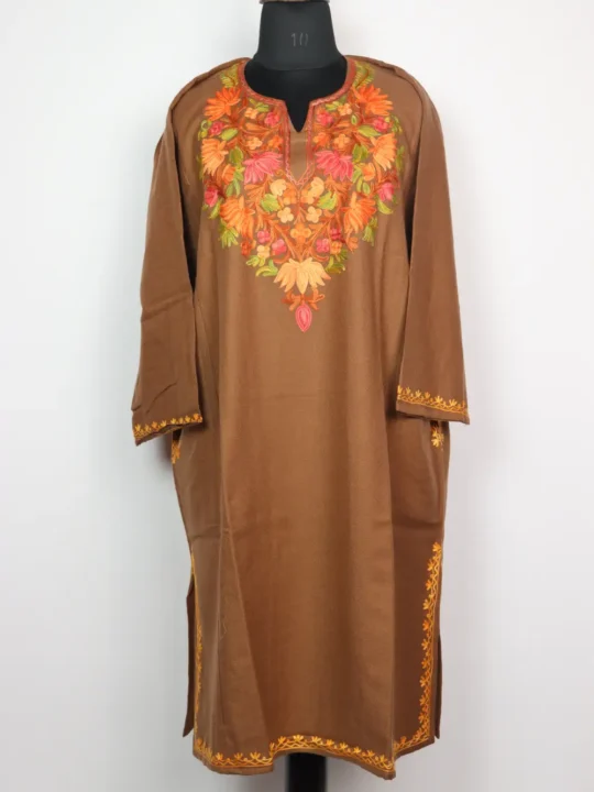 Brown Cashmilon Wool Pheran Rubab with Aari Embroidery