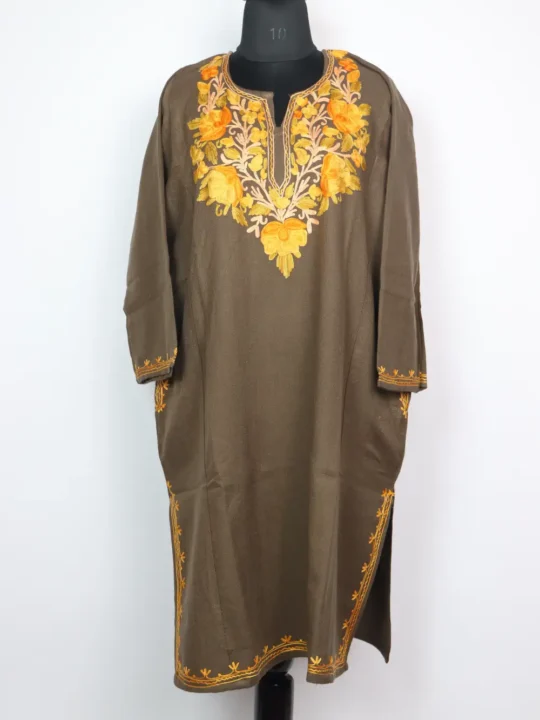 Nahhed Cashmilon Wool Dark Beige Pheran with Aari Embroidery