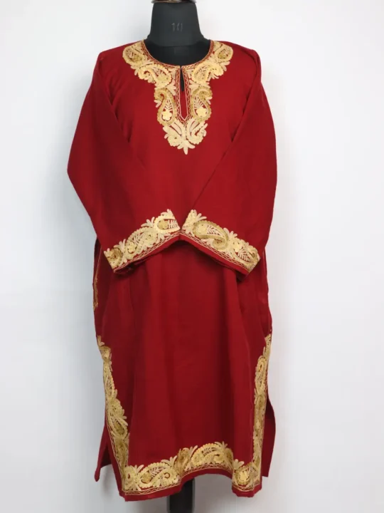 Maroon Border Aari Work Farhana Pheran in Cashmilon Wool
