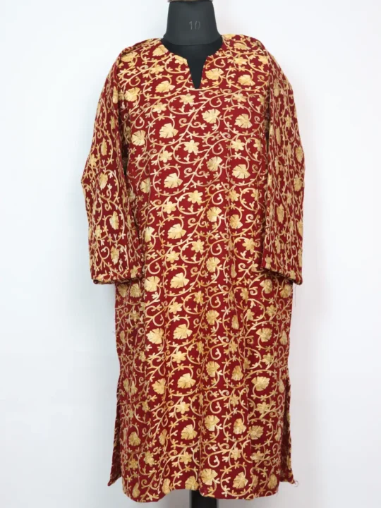 Cashmilon Wool Gauhar Maroon Pheran with Aari Work
