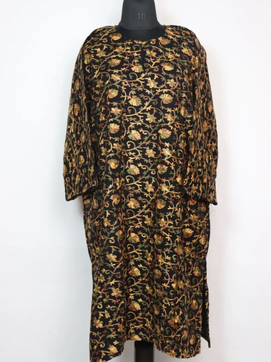 Cashmilon Wool Dark black Pheran with Front Back All-Over Aari Work