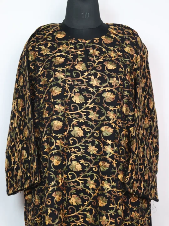 Front Back All-Over Aari Work Pheran in Black Cashmilon Wool Gauhar - Image 2