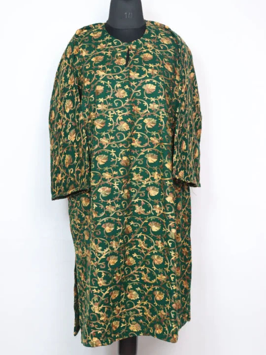 Gauhar Cashmilon Wool Dark Green Pheran with Front Back All-Over Aari Work