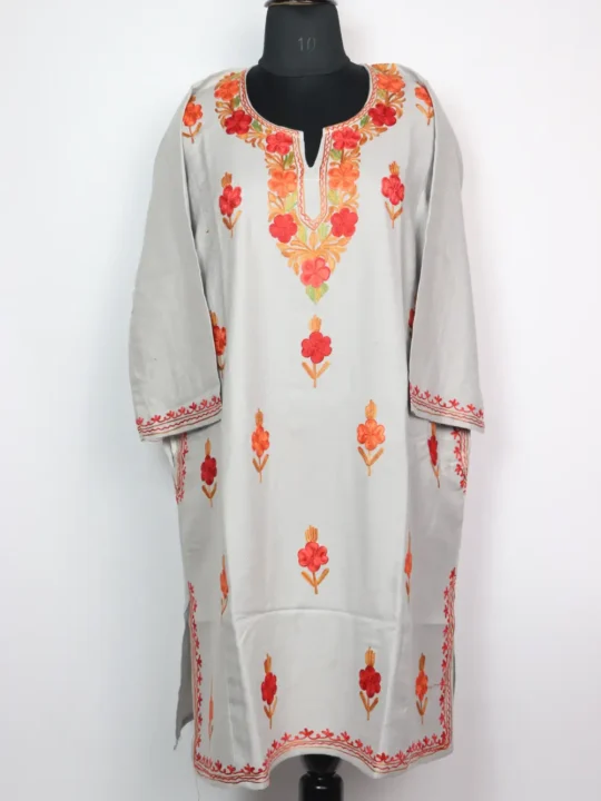 Light Grey Cashmilon Wool Pheran with Dua Aari Embroidery