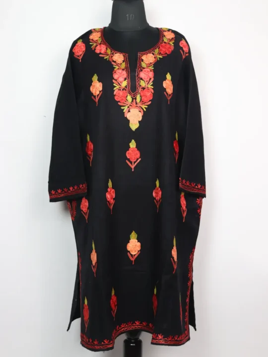 Eshal Black Cashmilon Wool Booti Loose Pheran with Aari Embroidery