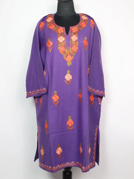 Purple Cashmilon Wool Booti Fiza Loose Pheran with Aari Embroidery