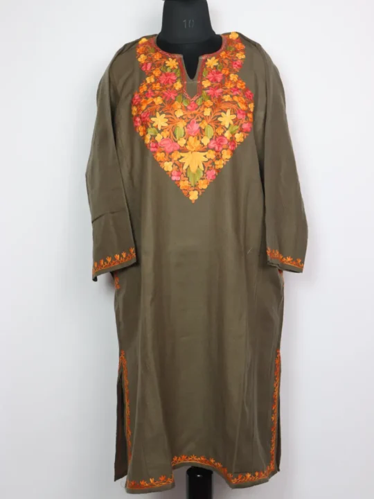 Hoor Beige Cashmilon Wool Pheran with Aari Embroidery
