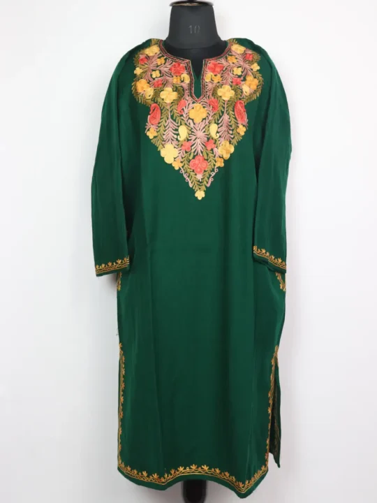 Mehrun Green Cashmilon Wool Pheran with Aari Embroidery