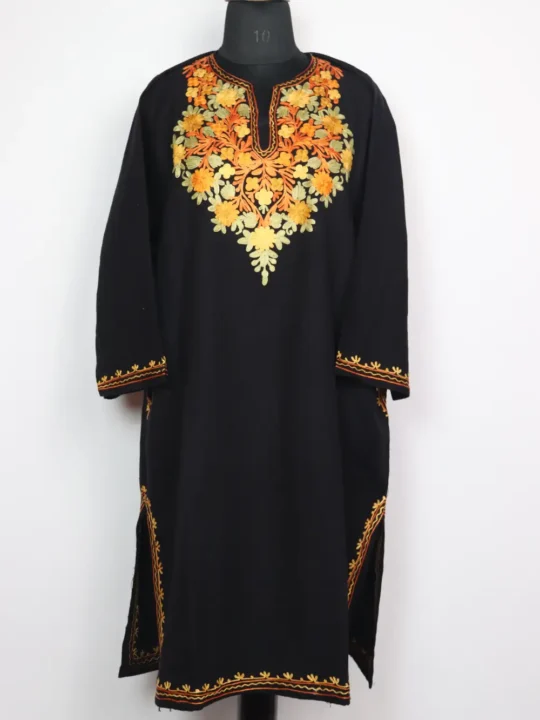 Rafeeq Black Cashmilon Wool Pheran with Aari Embroidery