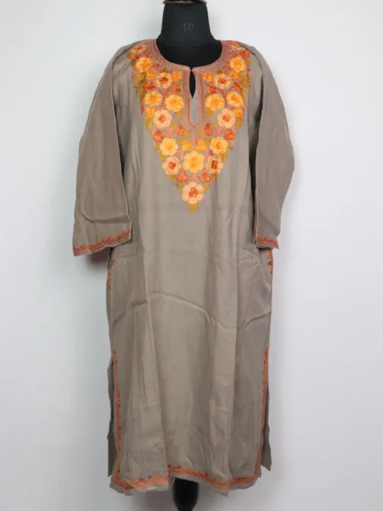 Beige Cashmilon Wool Mahira Pheran with Aari Embroidery