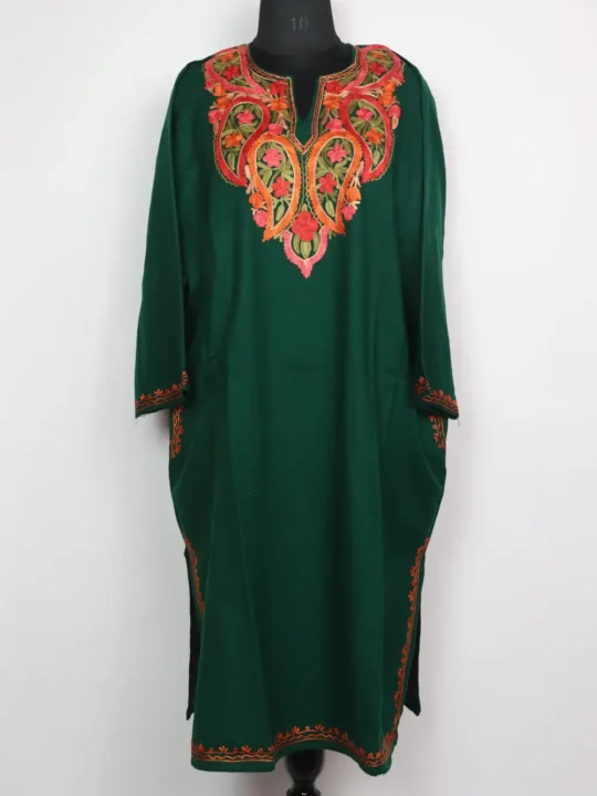 Cashmilon Wool Dark Green Pheran with Aari Embroidery Meeras