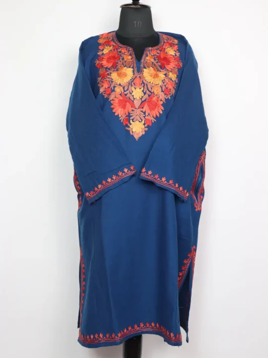 Cashmilon Wool Royal Blue Pheran Sanobar with Aari Embroidery