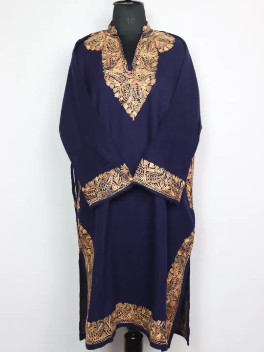 Dark Blue Cashmilon Wool Dark Blue Pheran Sanobar with Parveen Aari Embroidery and Collar