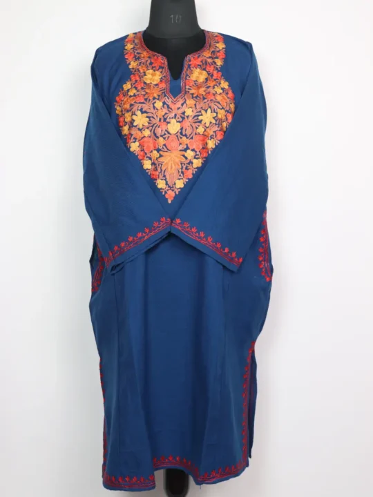 Blue Cashmilon Wool Pheran Sanobar with Noor Aari Embroidery