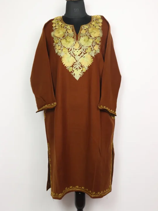 Areeb Brown Cashmilon Wool Pheran with Aari Embroidery