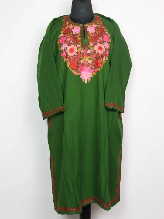 Green Cashmilon Wool Tamanah Pheran with Aari Embroidery