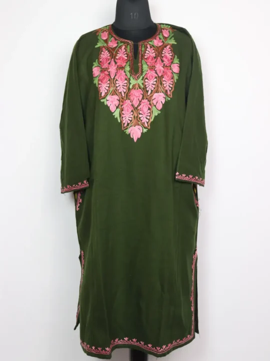 Olive Green Cashmilon Wool Tamanah Pheran with Aari Embroidery