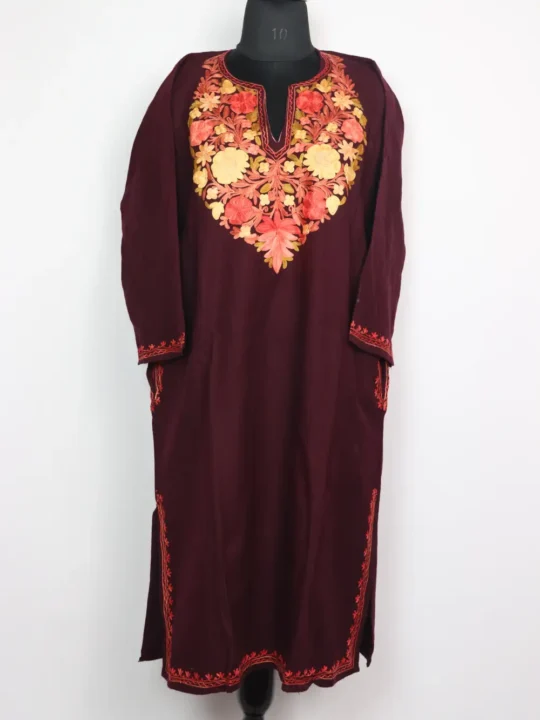 Aleena Cashmilon Wool Wine Pheran with Aari Embroidery