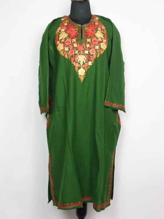 Rihanah Cashmilon Wool Green Pheran with Aari Embroidery