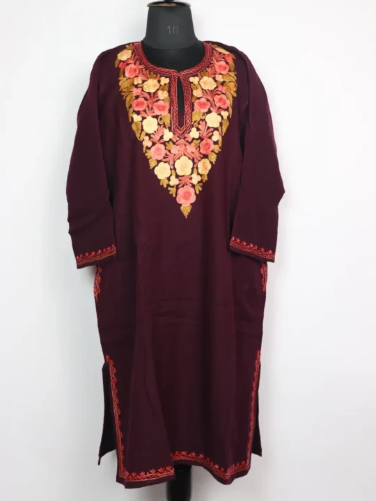 Eram Cashmilon Wool Wine Pheran with Aari Embroidery