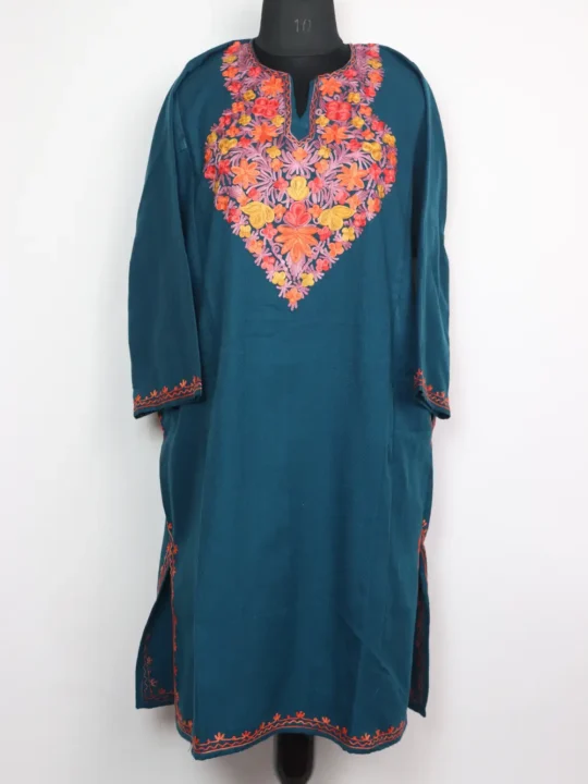 Nayab Blue Cashmilon Wool Pheran with Aari Embroidery