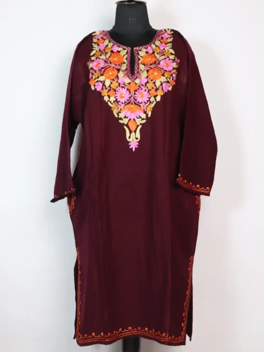 Mannat Cashmilon Wool Wine Pheran with Aari Embroidery