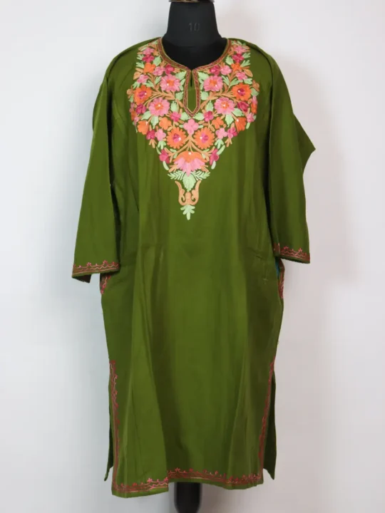 Cashmilon Wool Pheran  Olive Green with Aari Work Airah