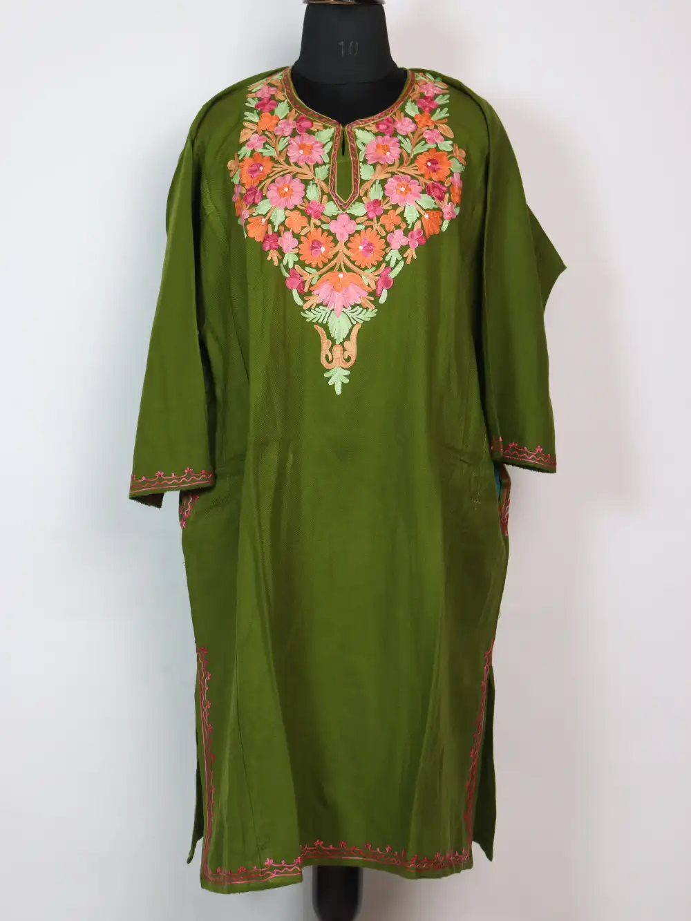 Cashmilon Wool Pheran Olive Green with Aari Work Airah