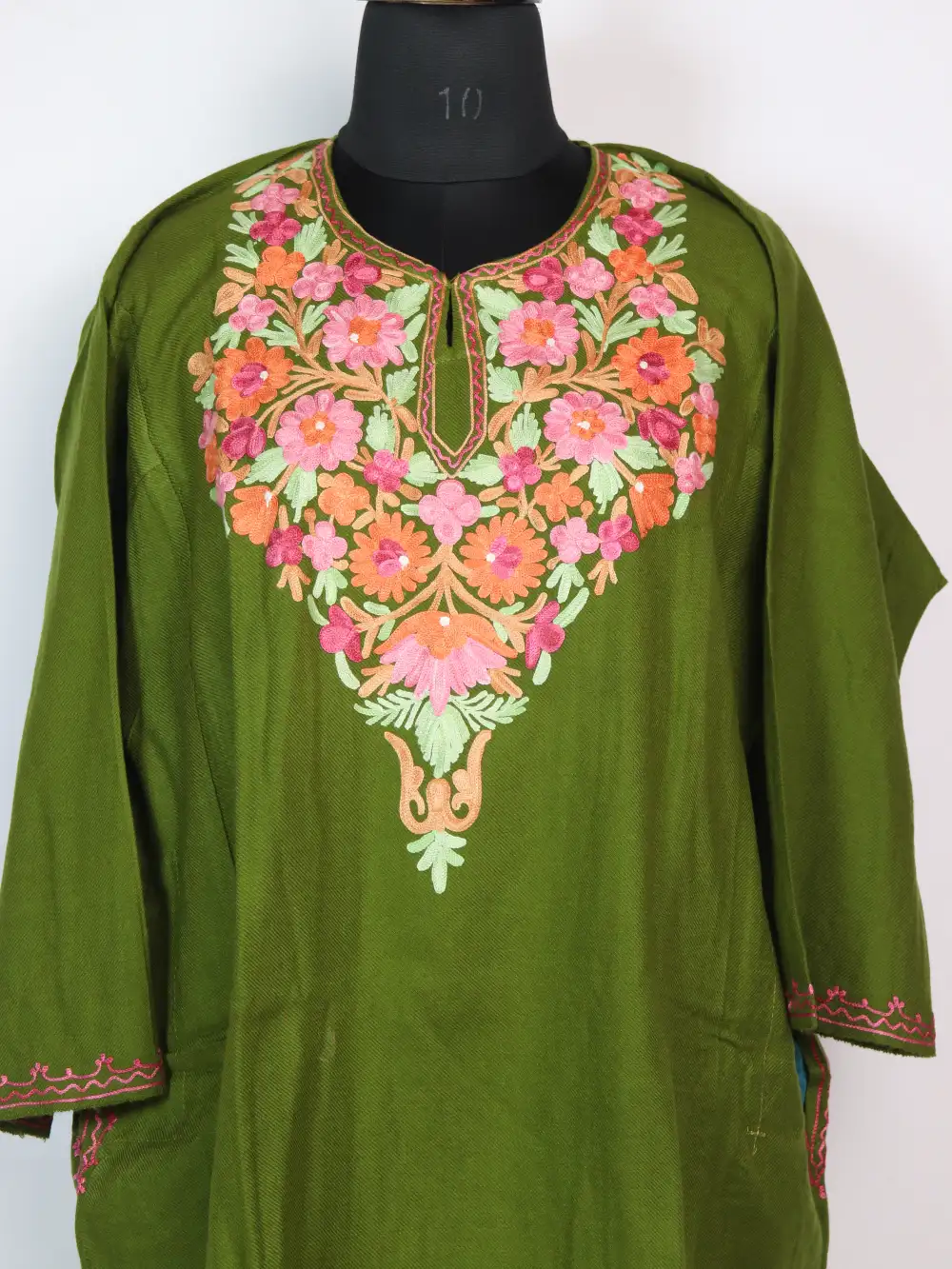 Cashmilon Wool Pheran Olive Green with Aari Work Airah - Image 2
