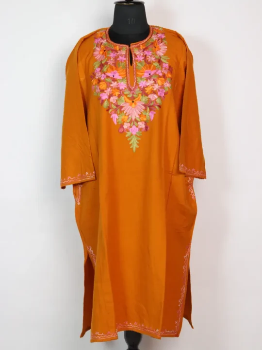 Cashmilon Wool Pheran Mustard with Aari  Work Jasiya