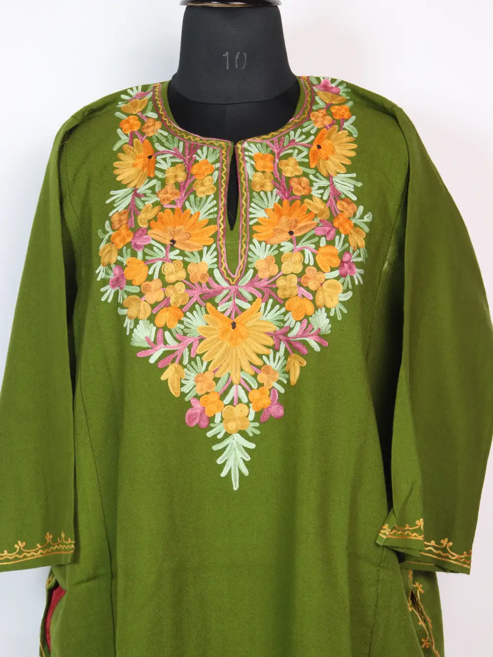 Aisha Mehandi Green Cashmilon Wool Pheran with Aari Embroidery - Image 2