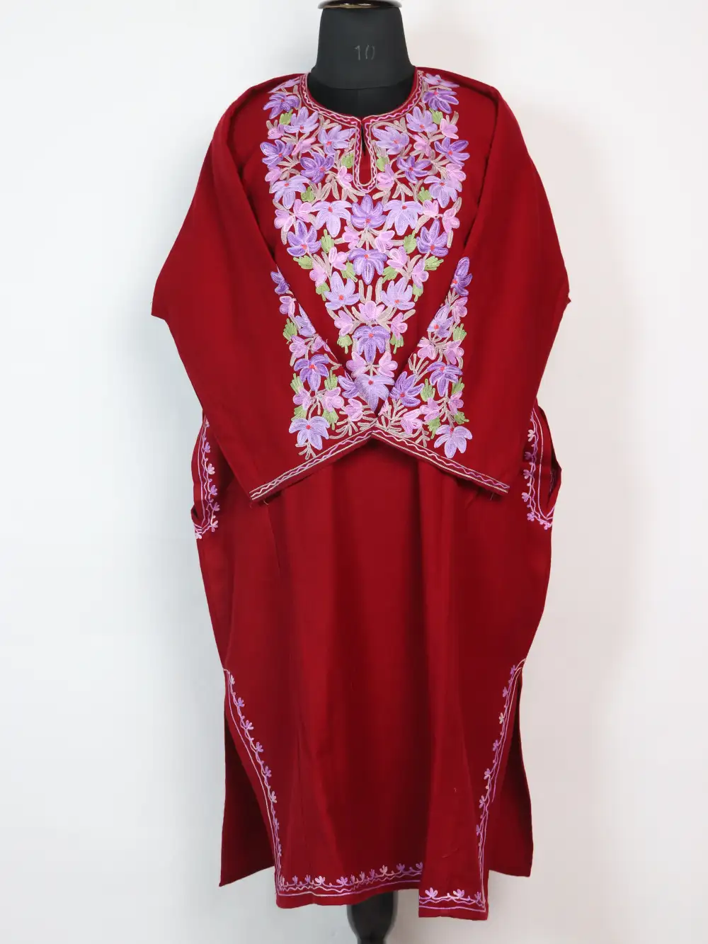 Cashmilon Wool Maroon Pheran with Aari Sleeve Point Work Airah