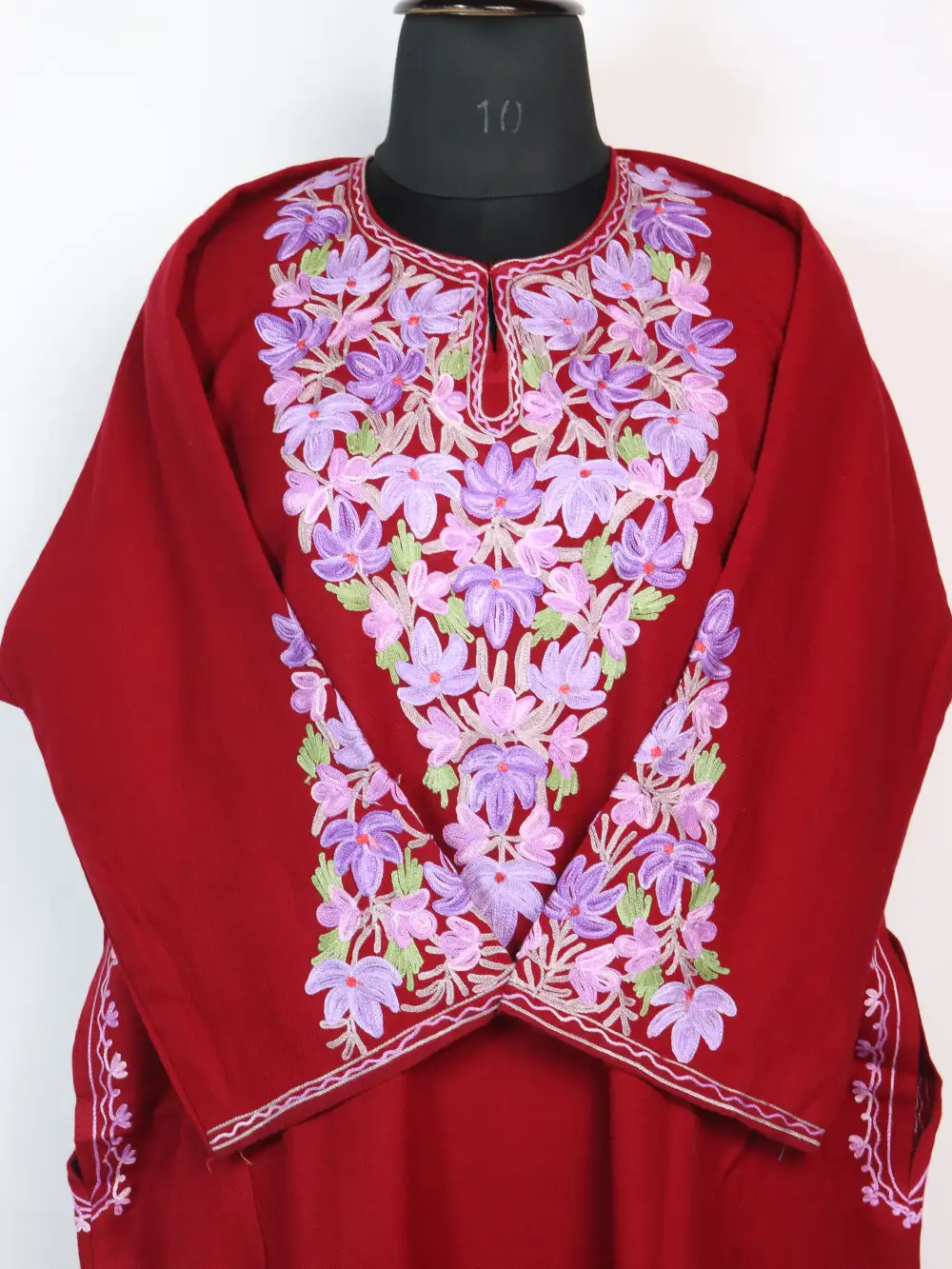 Cashmilon Wool Maroon Pheran with Aari Sleeve Point Work Airah - Image 2