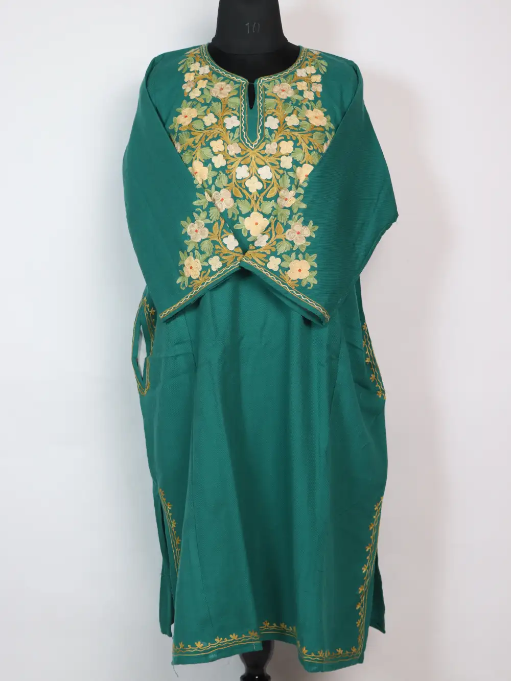 Sea Green Pheran in Cashmilon Wool with Aari Sleeve Point Work Haya