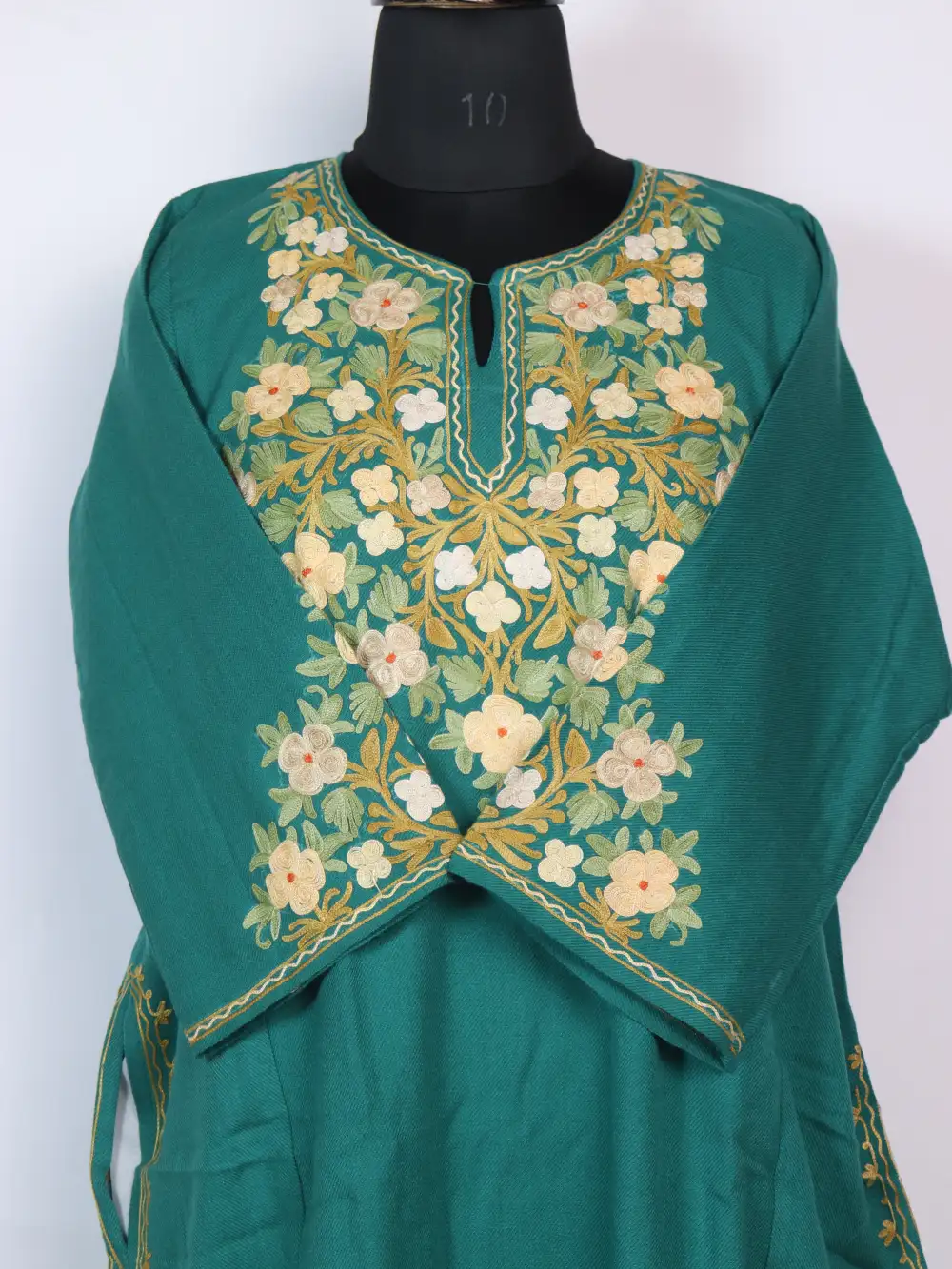 Sea Green Pheran in Cashmilon Wool with Aari Sleeve Point Work Haya - Image 2