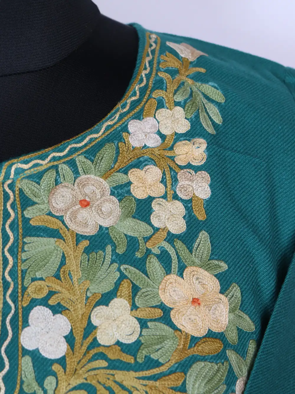 Sea Green Pheran in Cashmilon Wool with Aari Sleeve Point Work Haya - Image 3