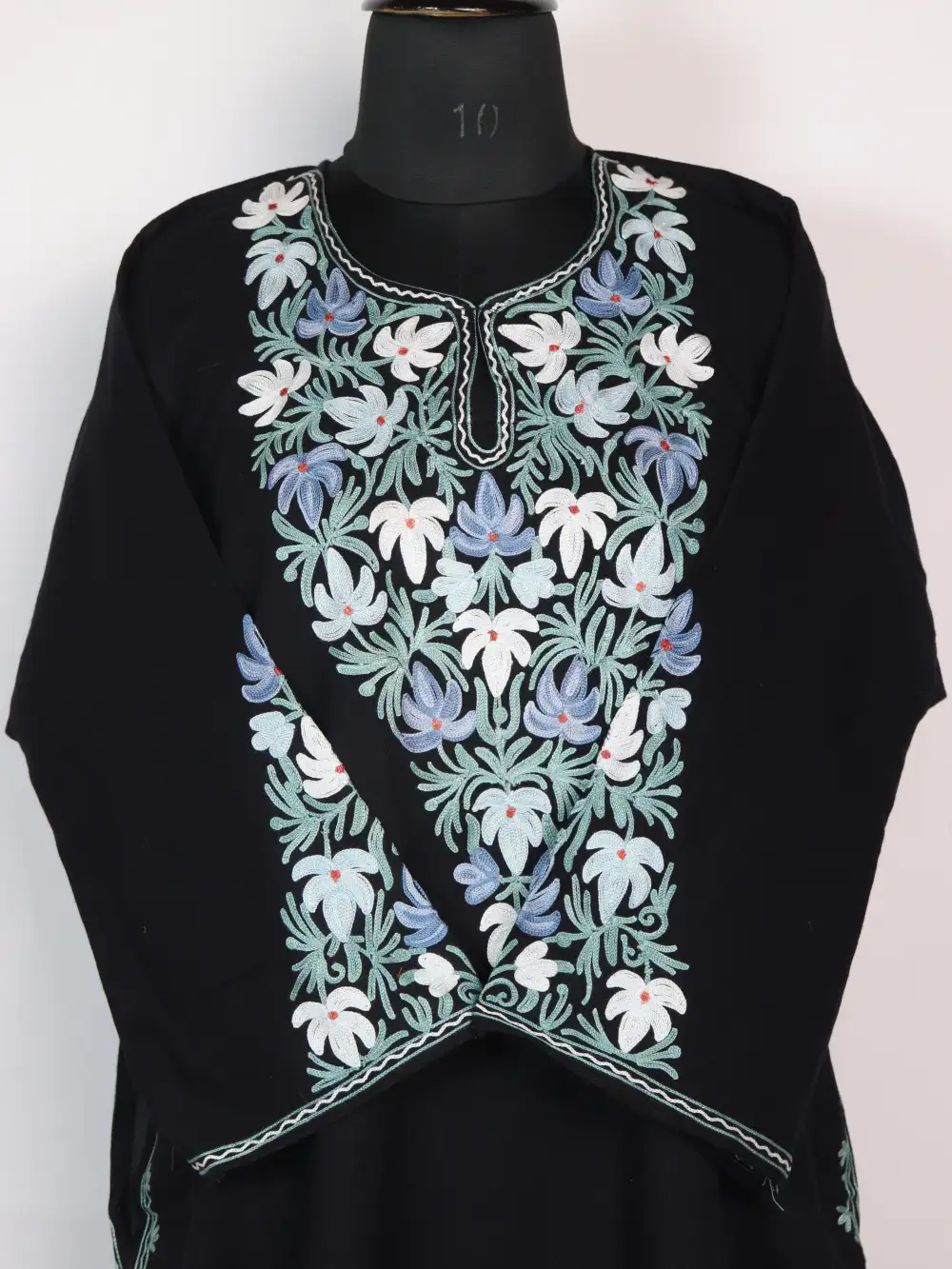 Cashmilon Wool Black Pheran Mariya with Aari Sleeve Point Work - Image 2