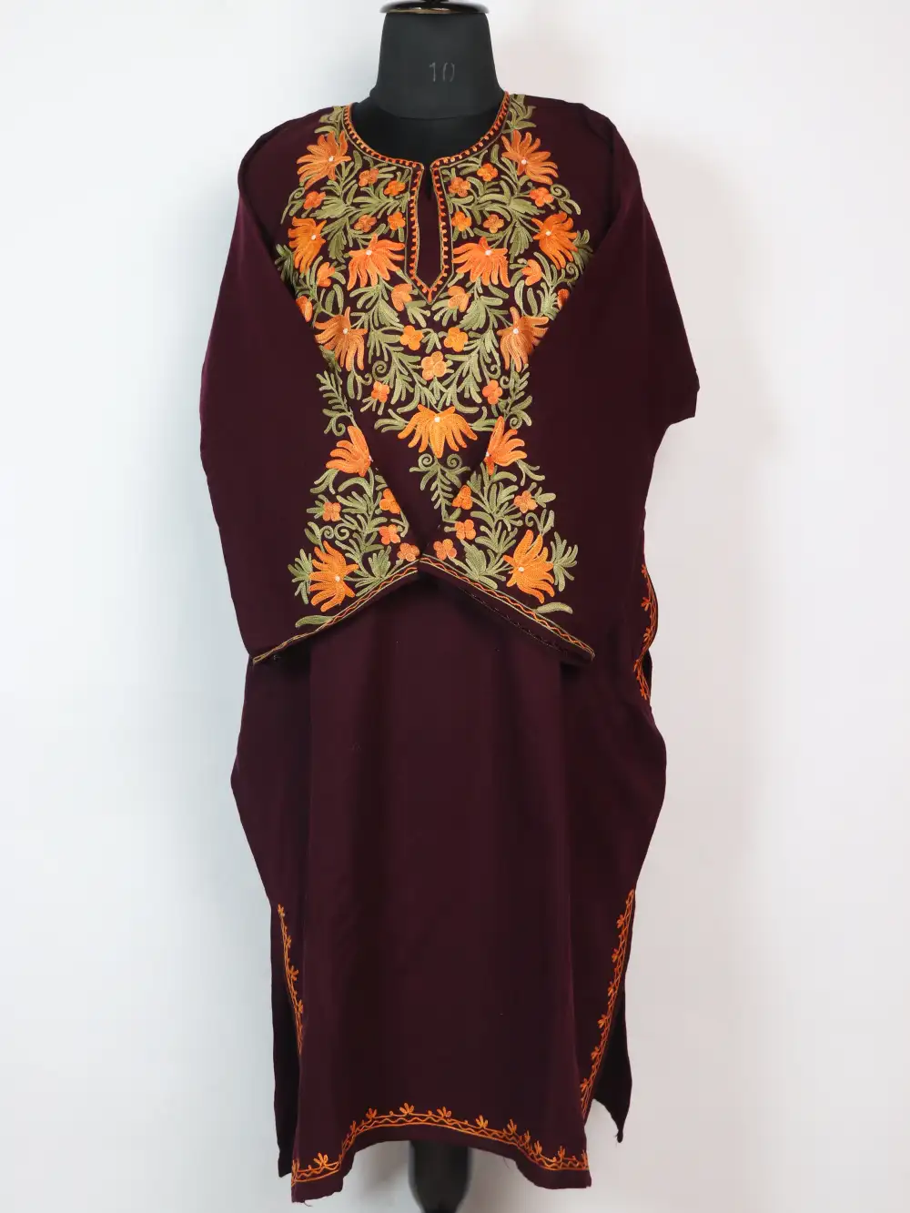 Zaira Cashmilon Wool Wine Pheran with Aari Sleeve Point Work