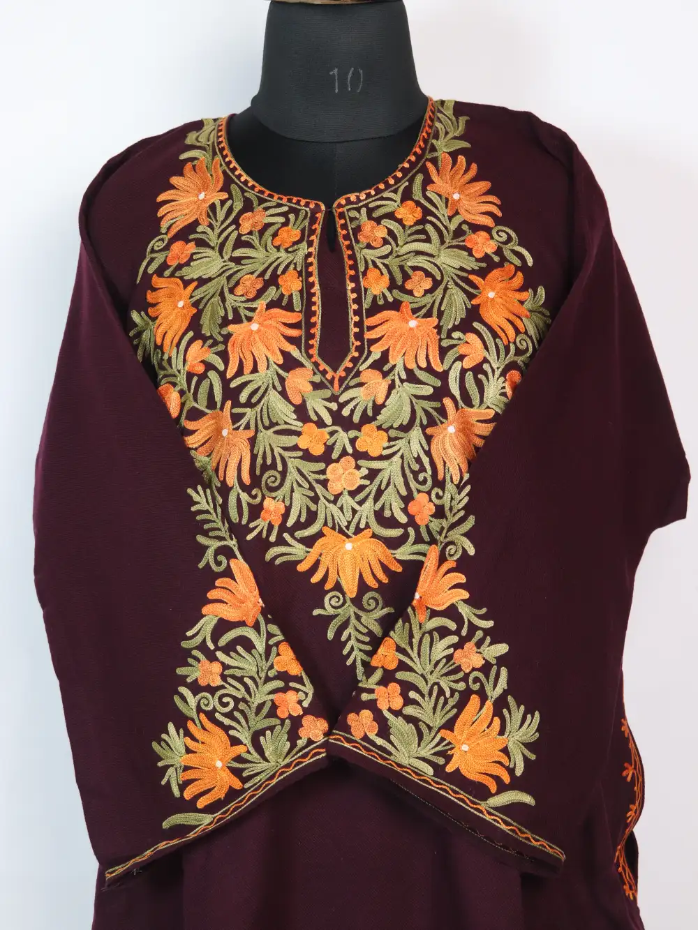 Zaira Cashmilon Wool Wine Pheran with Aari Sleeve Point Work - Image 2